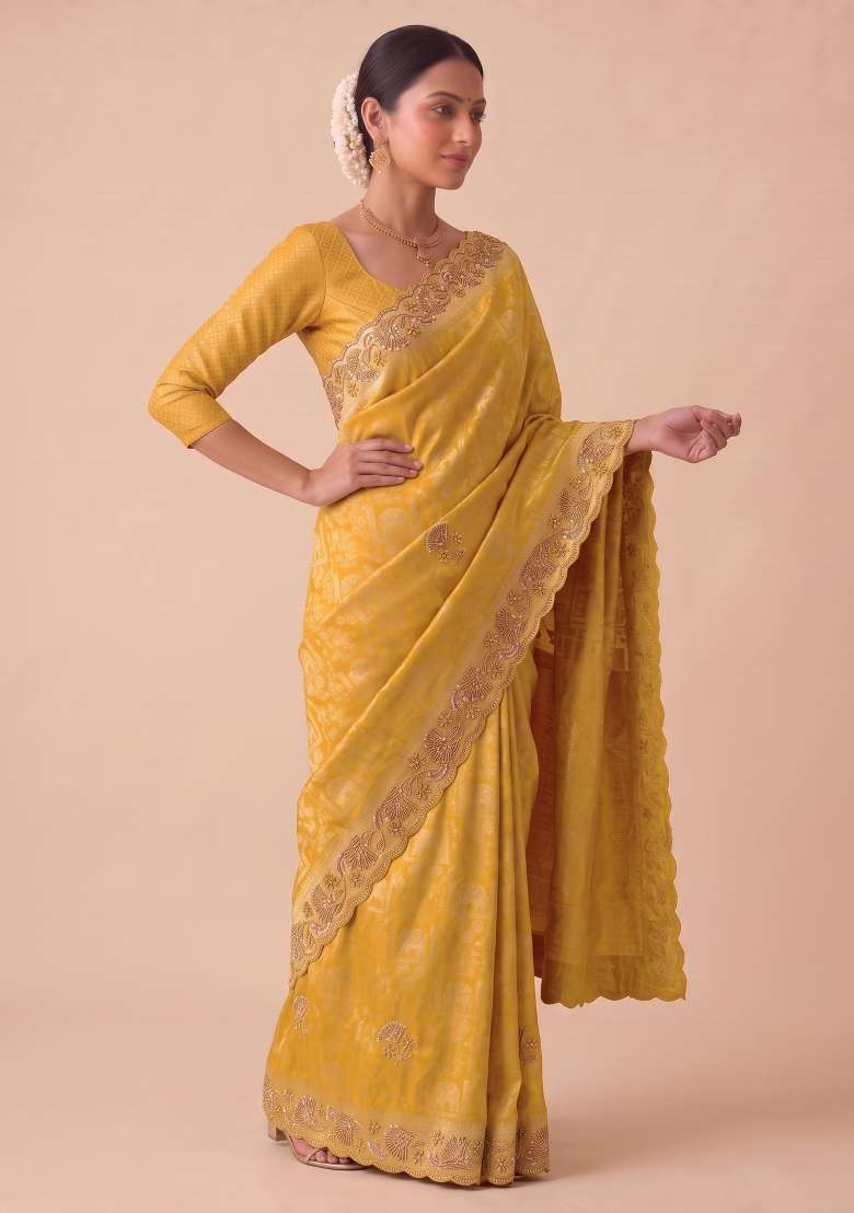 Mustard Yellow Embroidered Silk Saree Set - Indya