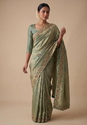 Sea Green Embroidered Silk Saree Set