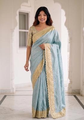 Powder Blue Embroidered Silk Saree Set