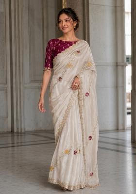 Off White Embroidered Satin Saree Set