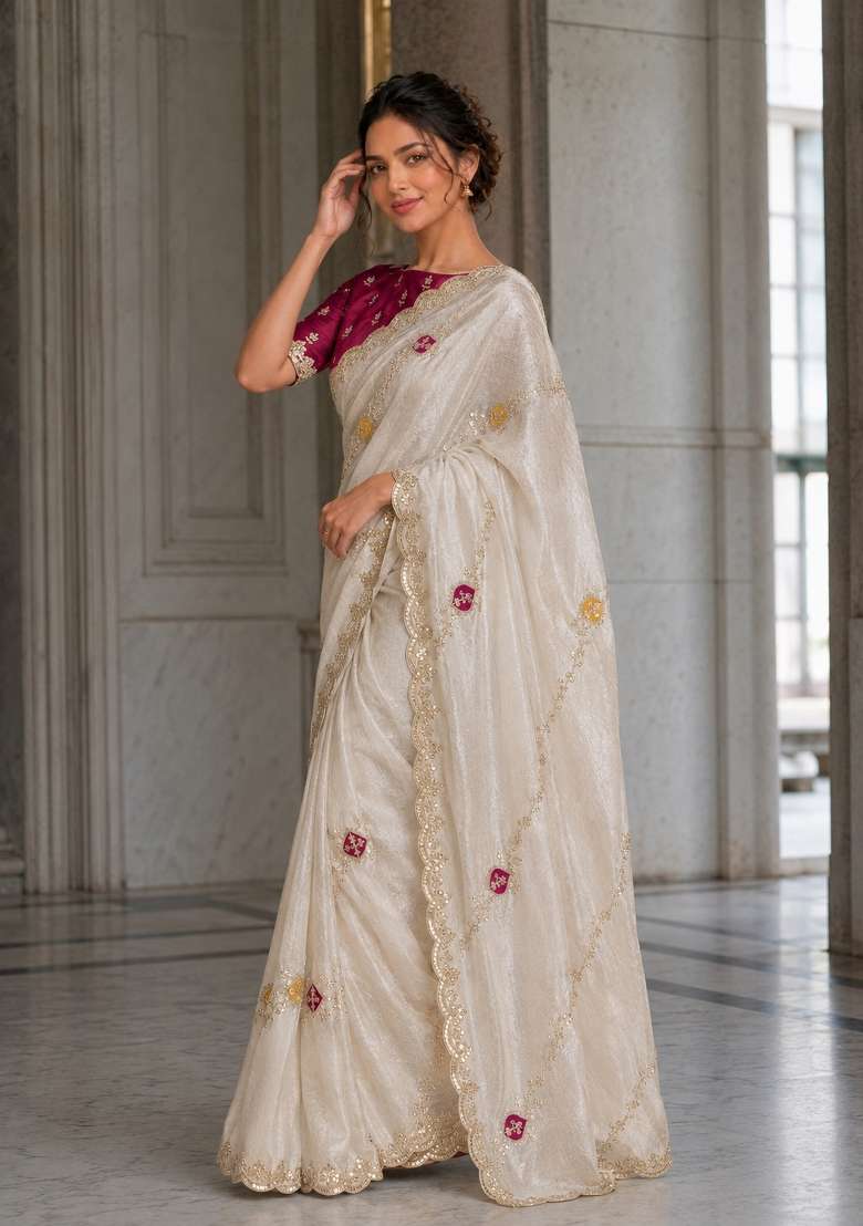 Off White Satin Saree Set with Embroidered for Diwali | Wedding & Festive Wear - Indya