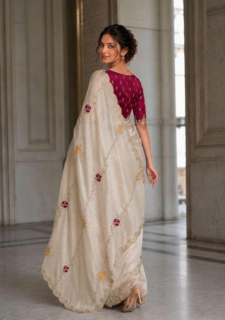 Off White Satin Saree Set with Embroidered for Diwali | Wedding & Festive Wear - Indya