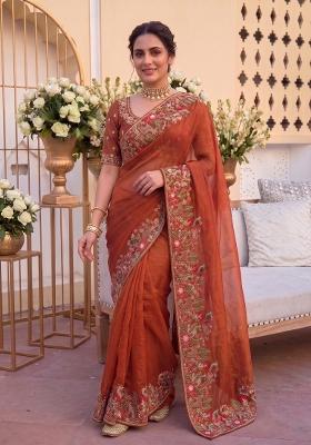 Rust Orange Embroidered Satin Saree Set