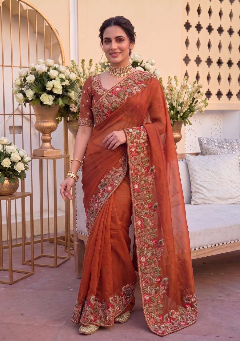 Rust Orange Embroidered Satin Saree Set for Diwali and Festive Wear - Indya