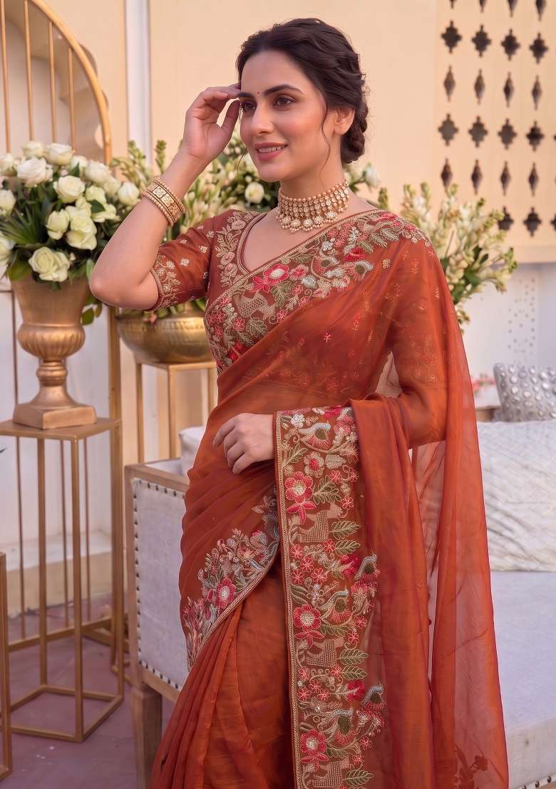 Rust Orange Embroidered Satin Saree Set for Diwali and Festive Wear - Indya