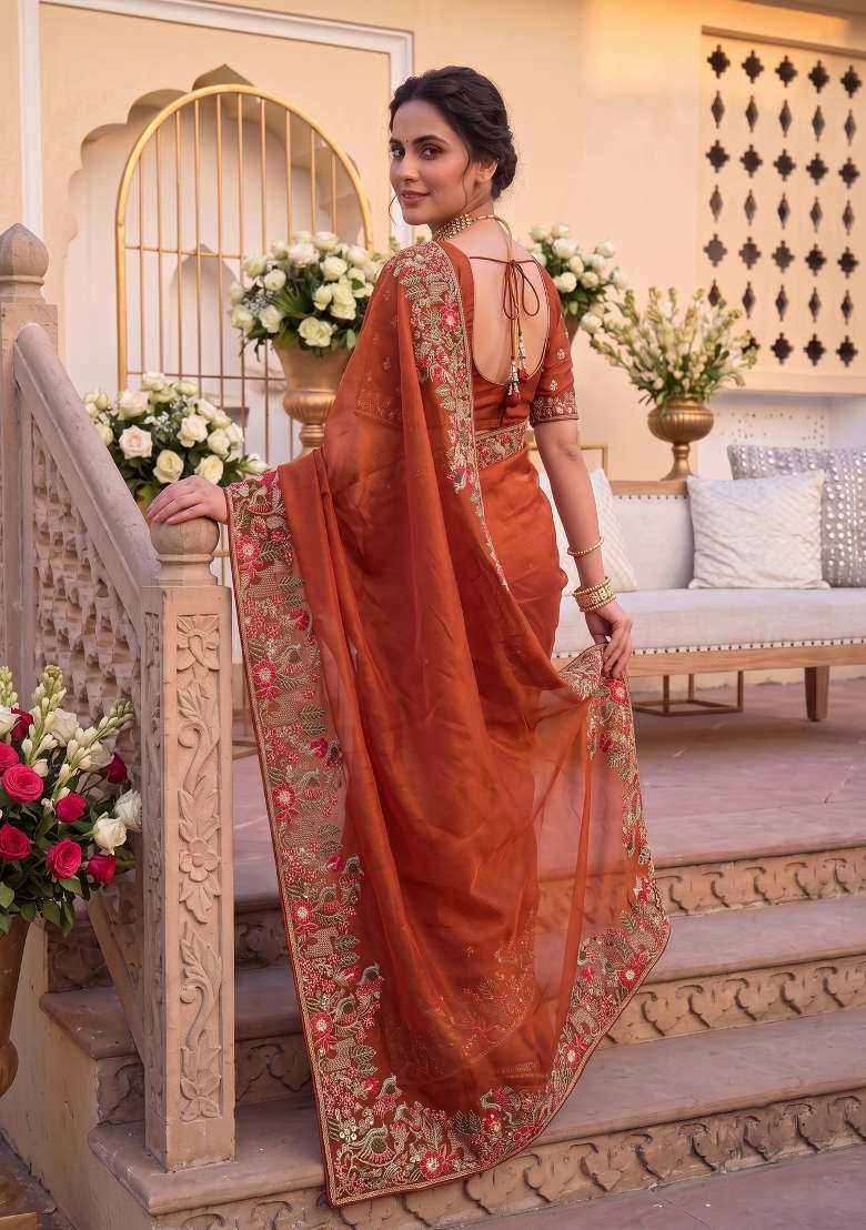Rust Orange Embroidered Satin Saree Set for Diwali and Festive Wear - Indya