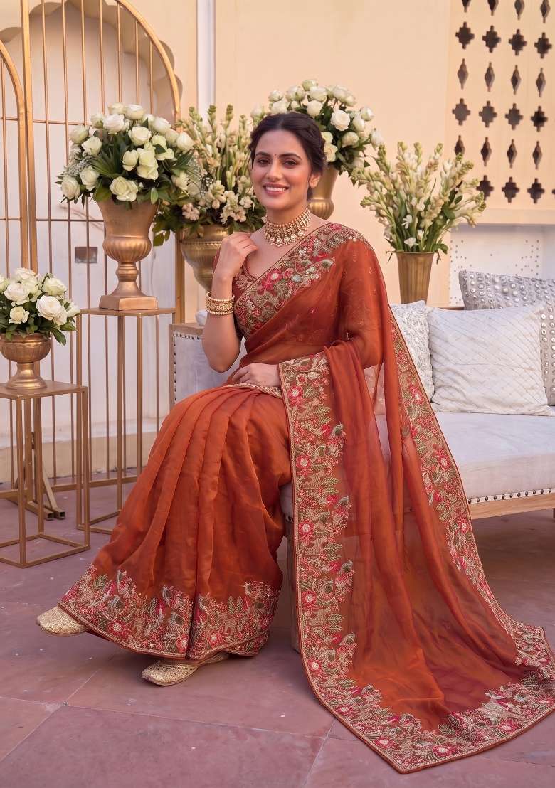 Rust Orange Embroidered Satin Saree Set for Diwali and Festive Wear - Indya