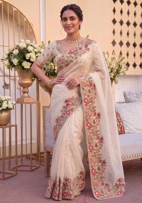 Cream Embroidered Satin Saree Set