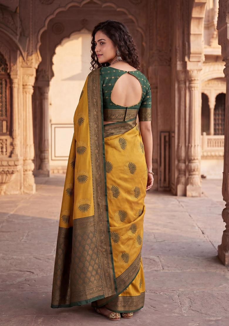 Mustard Weaving Design Silk Saree Set - Indya
