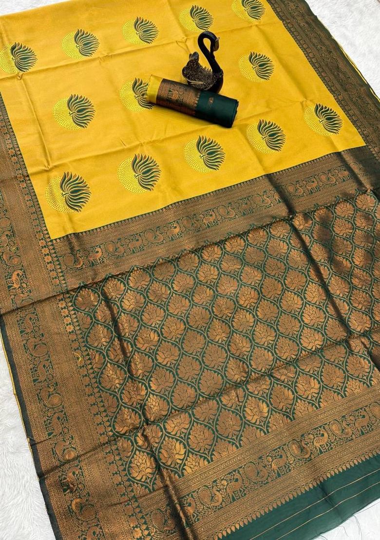 Mustard Weaving Design Silk Saree Set - Indya