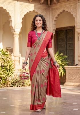 Beige Weaving Design Silk Saree Set