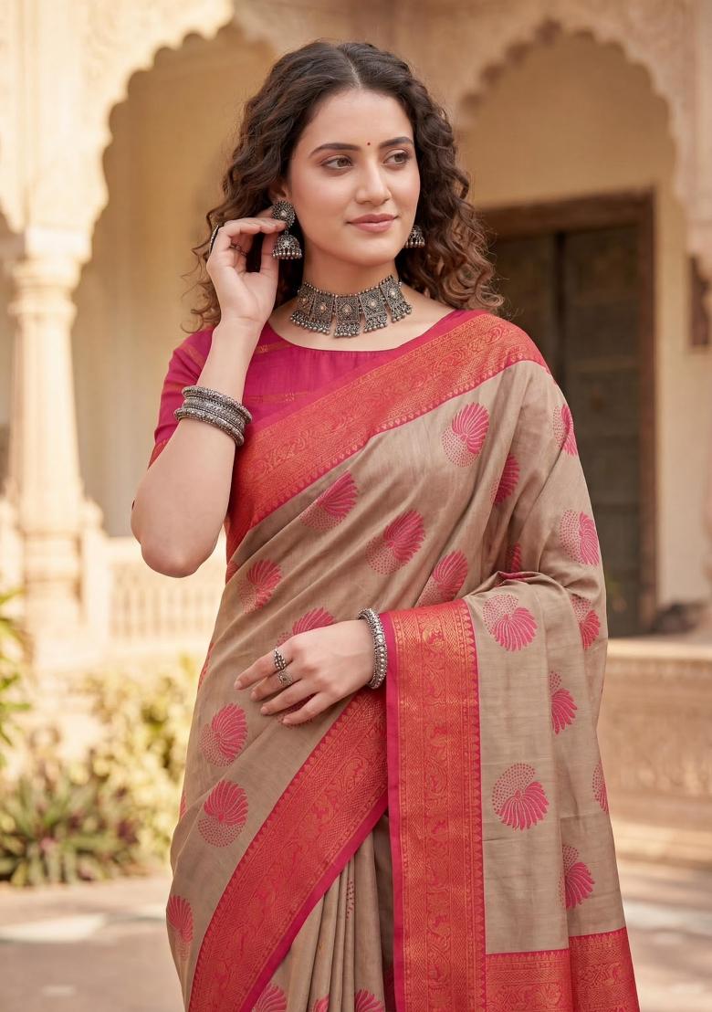 Beige Weaving Design Silk Saree Set - Indya