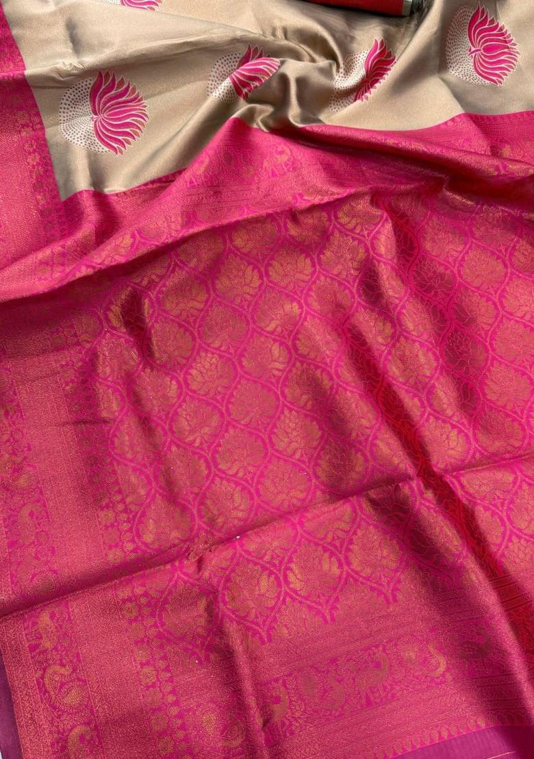 Beige Weaving Design Silk Saree Set - Indya