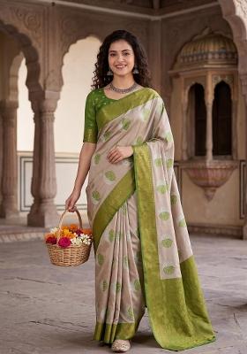 Beige Weaving Design Silk Saree Set