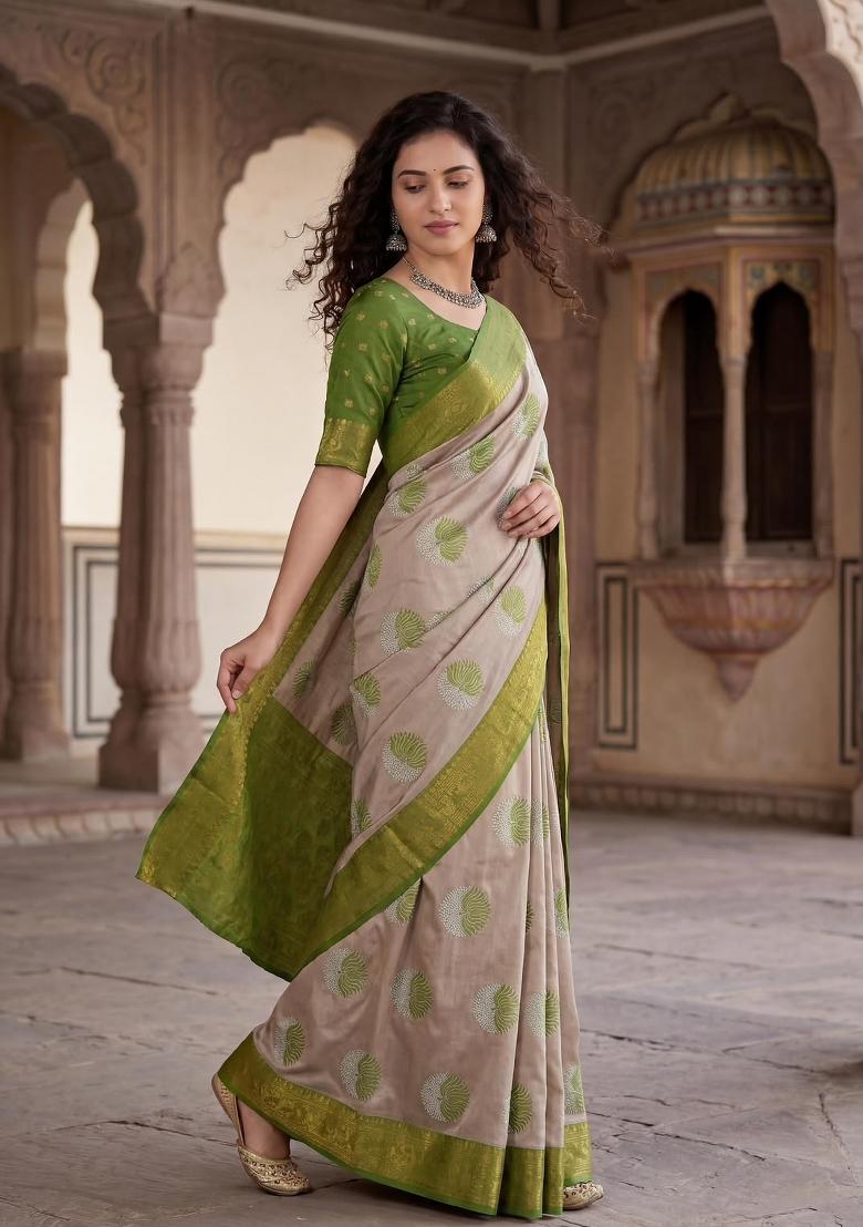Beige Weaving Design Silk Saree Set - Indya