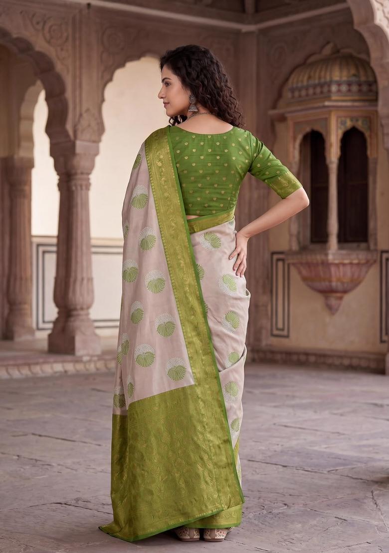 Beige Weaving Design Silk Saree Set - Indya
