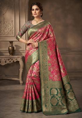 Pink Zari Woven Silk Saree Set