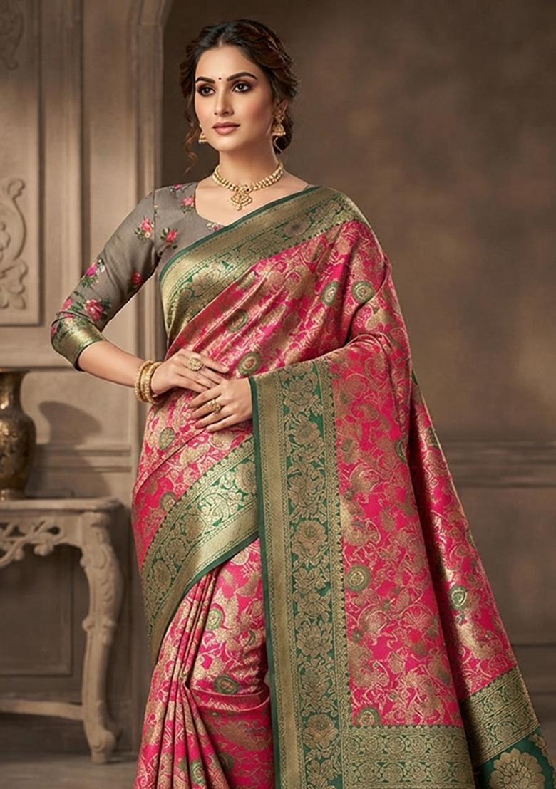 Pink Zari Woven Silk Saree Set - Indya