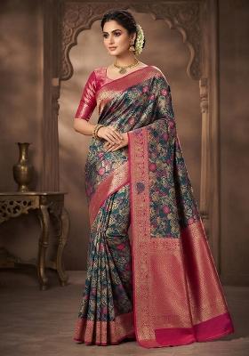 Navy Blue Zari Woven Silk Saree Set