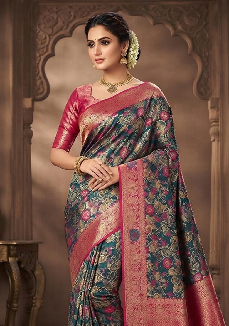 Navy Blue Zari Woven Silk Saree Set - Indya