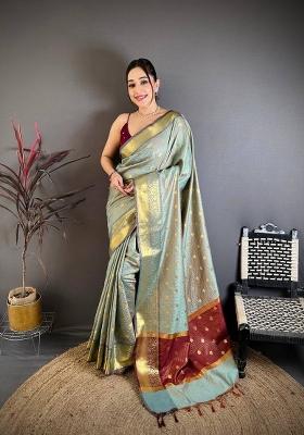 Light Blue Zari Woven Silk Saree Set