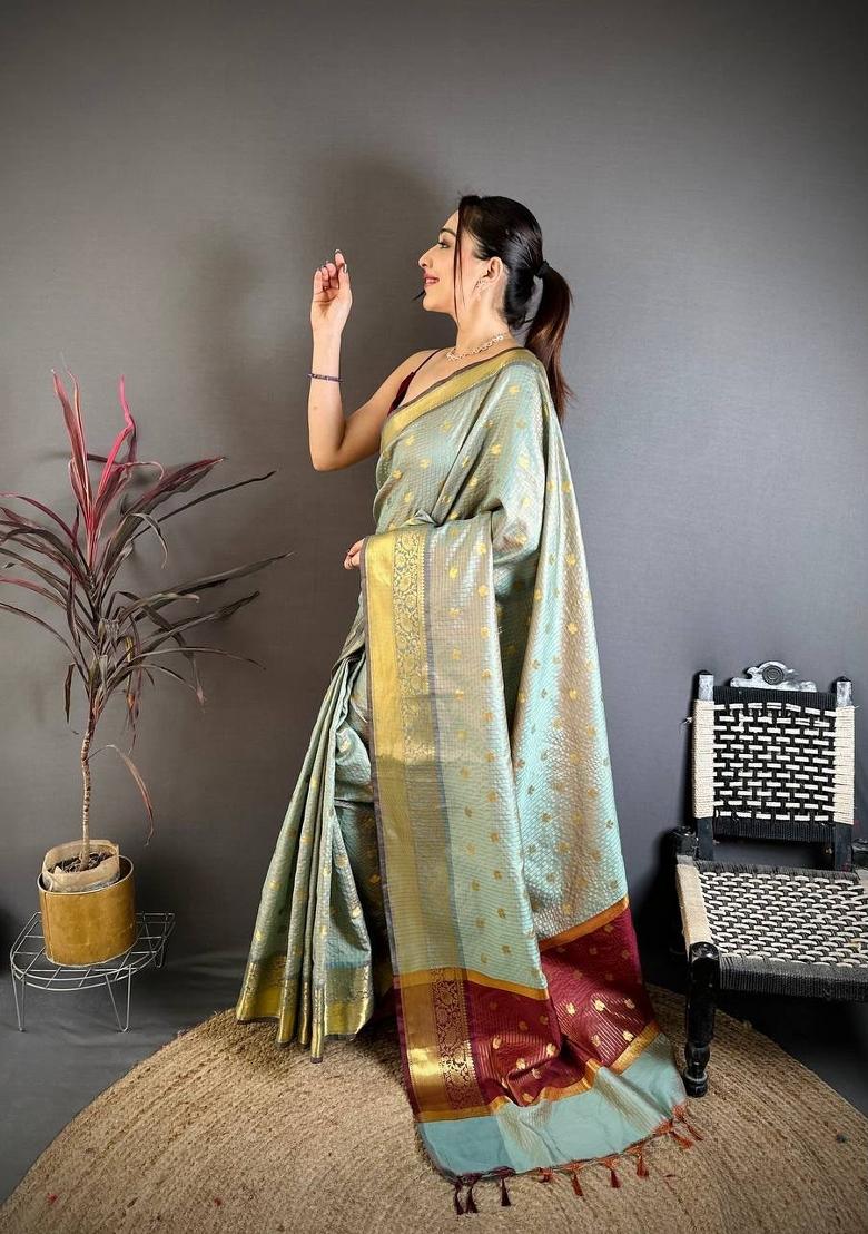 Light Blue Zari Woven Silk Saree Set - Indya