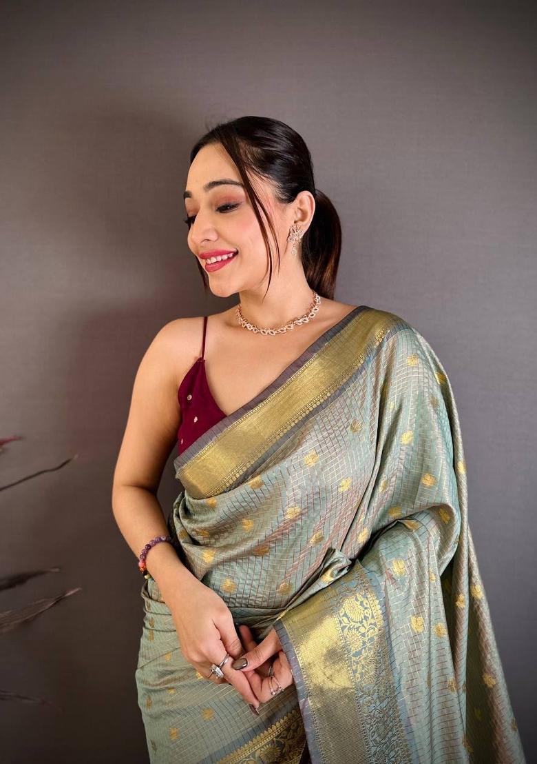 Light Blue Zari Woven Silk Saree Set - Indya