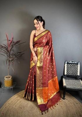 Maroon Zari Woven Silk Saree Set