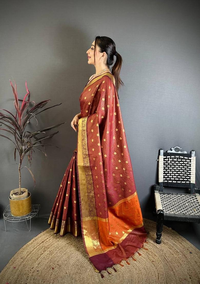 Maroon Zari Woven Silk Saree Set - Indya