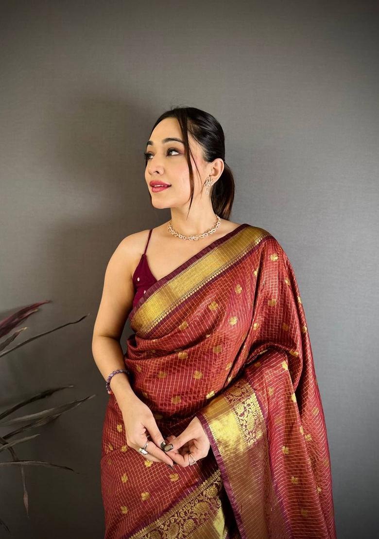 Maroon Zari Woven Silk Saree Set - Indya