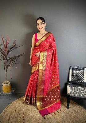 Pink Zari Woven Silk Saree Set