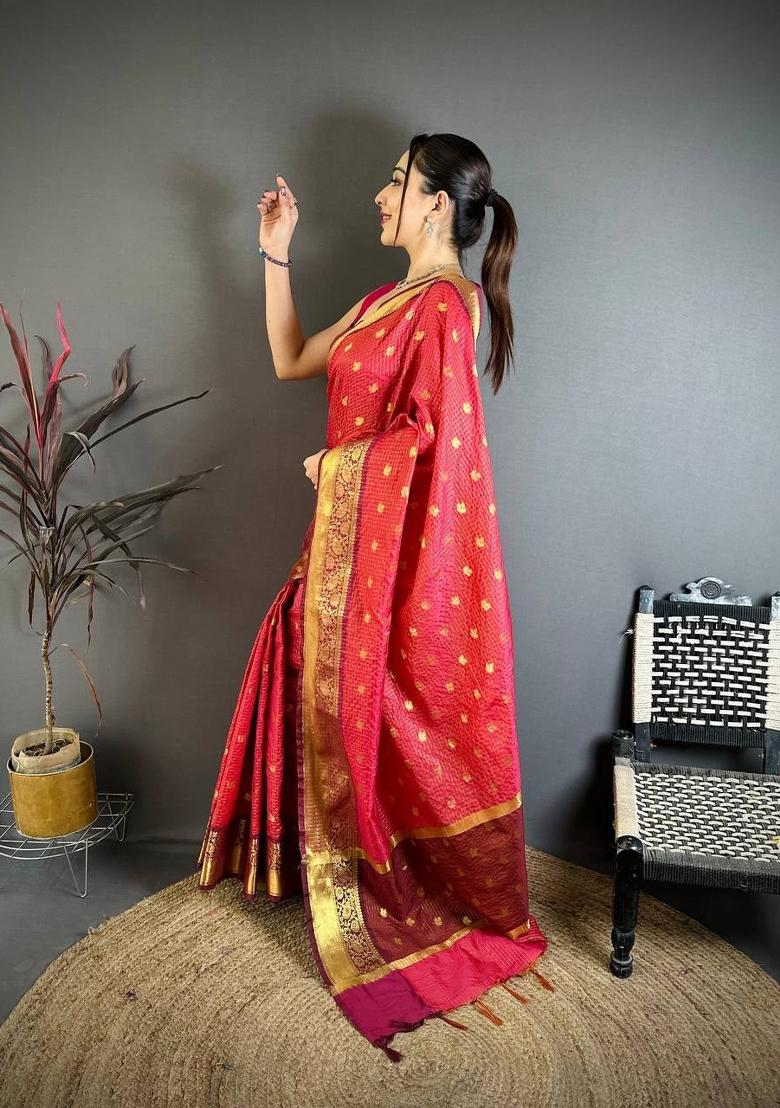 Pink Zari Woven Silk Saree Set - Indya