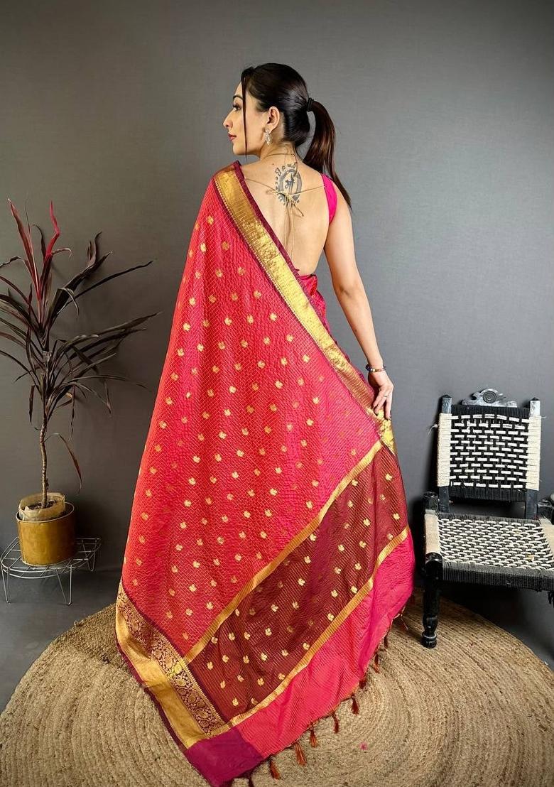 Pink Zari Woven Silk Saree Set - Indya