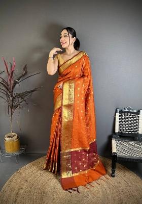 Rust Zari Woven Silk Saree Set