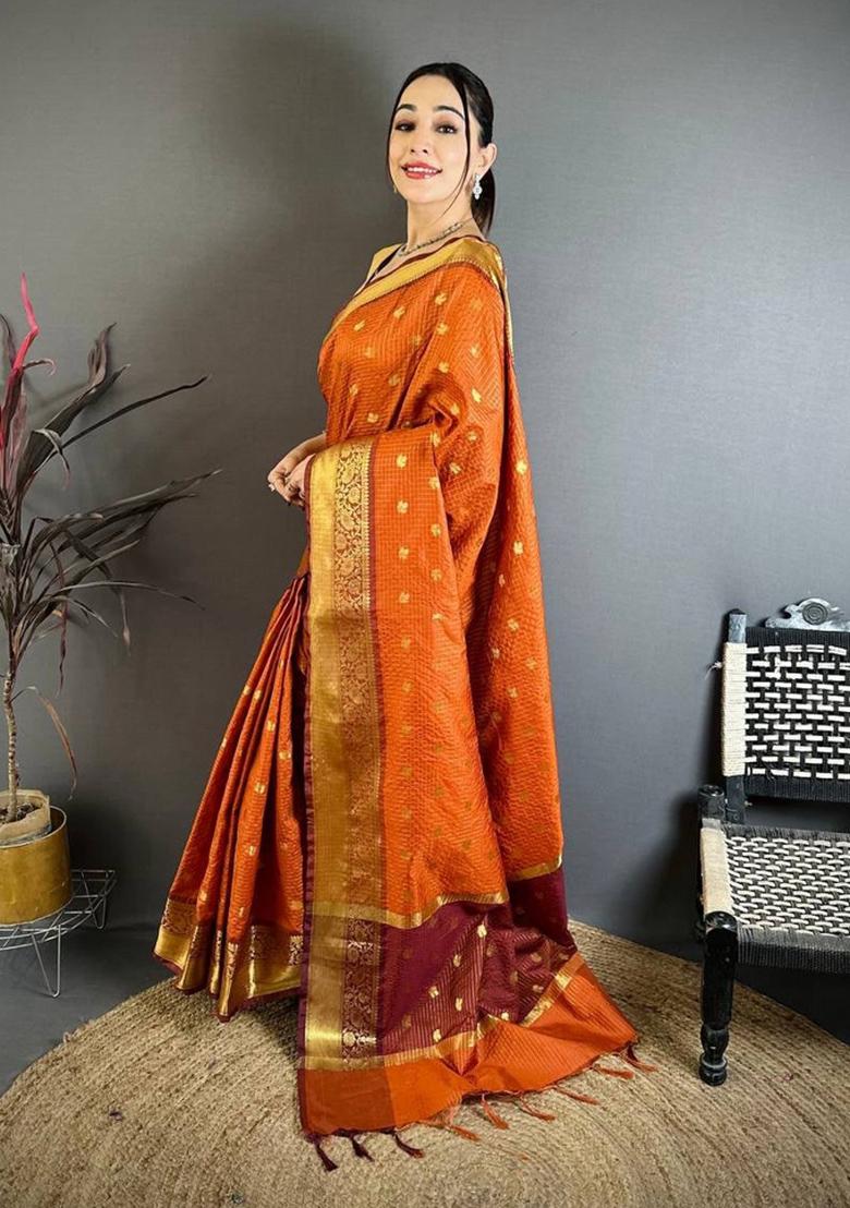 Rust Zari Woven Silk Saree Set - Indya