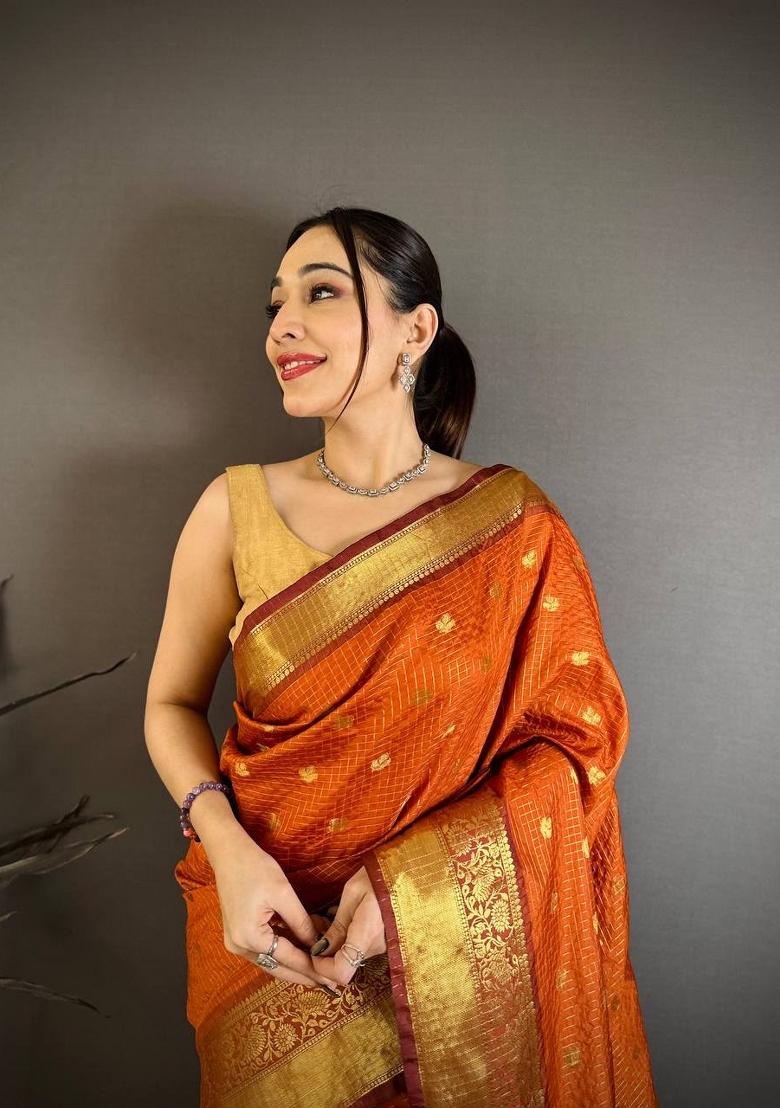 Rust Zari Woven Silk Saree Set - Indya