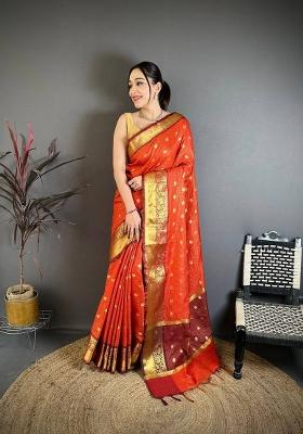 Orange Zari Woven Silk Saree Set