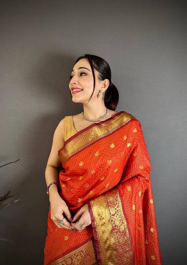 Orange Zari Woven Silk Saree Set - Indya