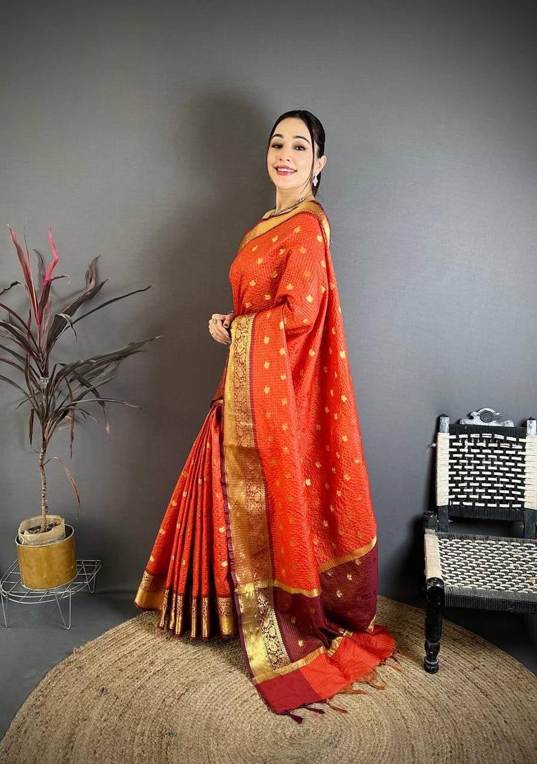 Orange Zari Woven Silk Saree Set - Indya