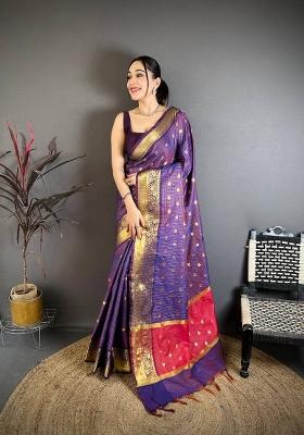 Purple Zari Woven Silk Saree Set