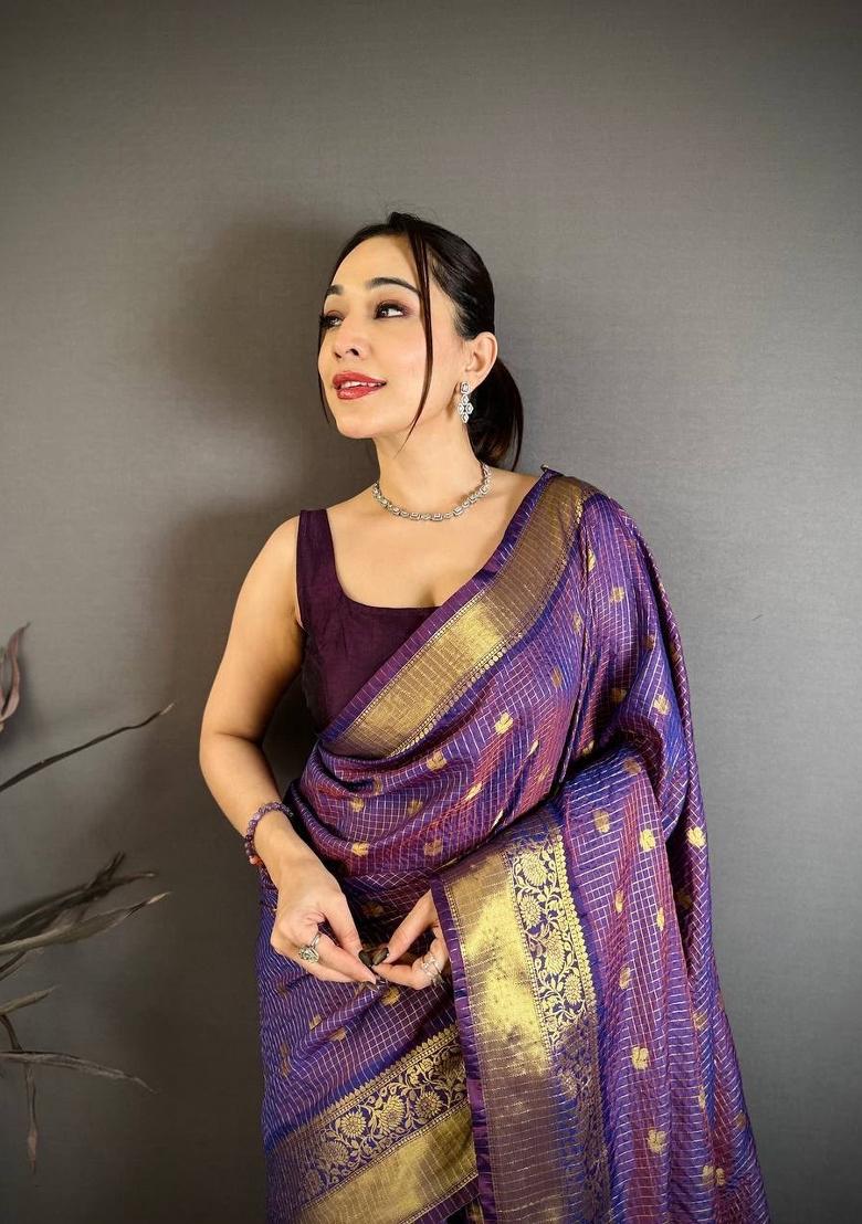 Purple Zari Woven Silk Saree Set - Indya