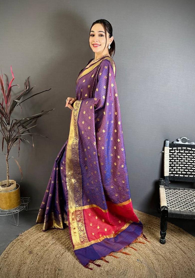 Purple Zari Woven Silk Saree Set - Indya