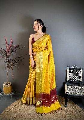 Yellow Zari Woven Silk Saree Set