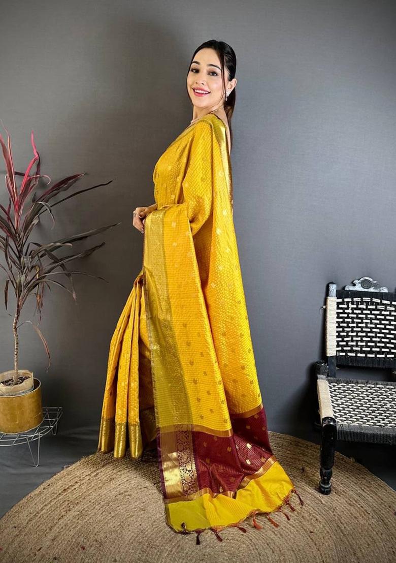 Yellow Zari Woven Silk Saree Set - Indya