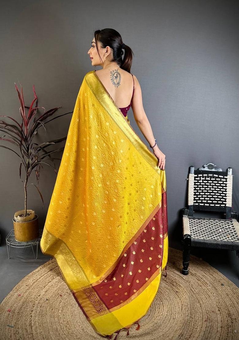 Yellow Zari Woven Silk Saree Set - Indya