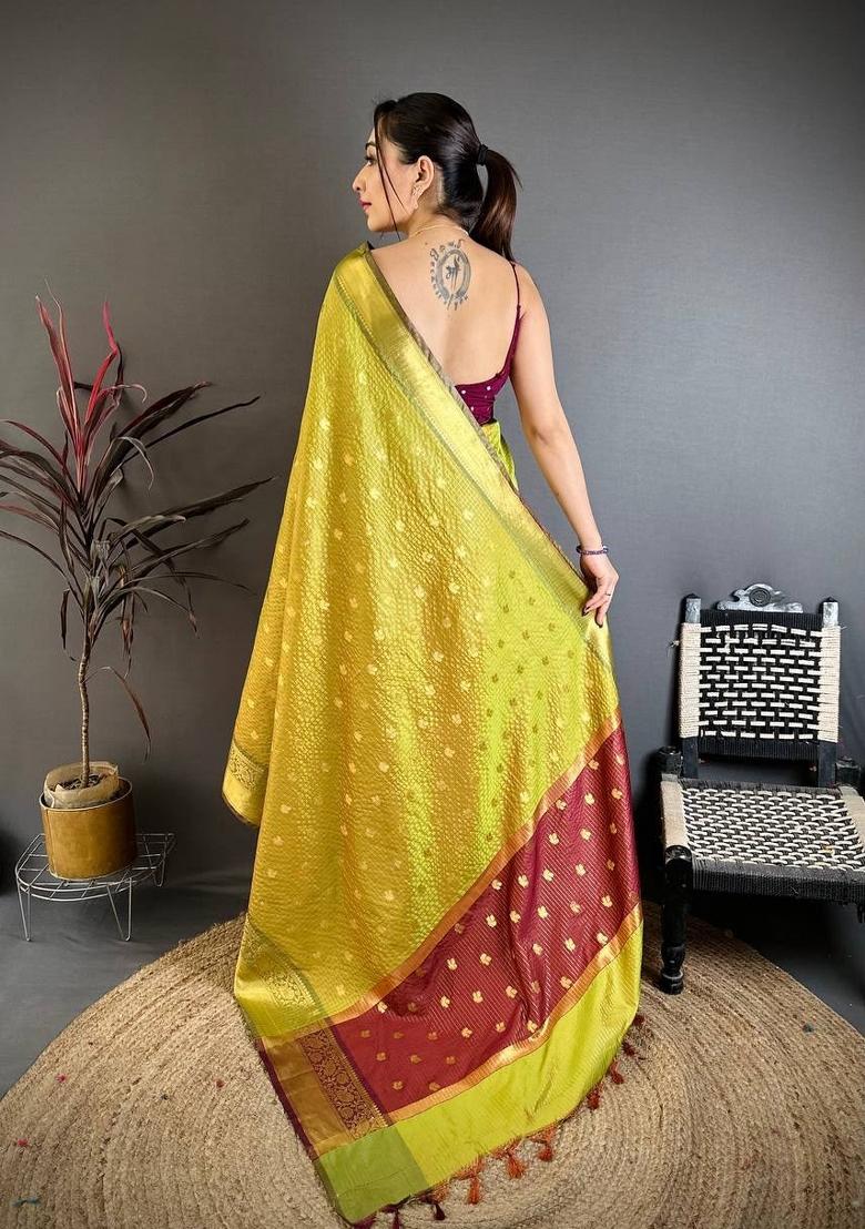 Light Green Zari Woven Silk Saree Set - Indya