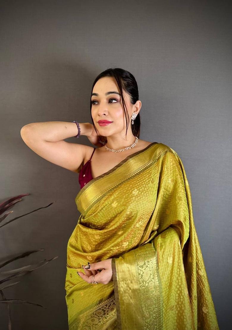 Light Green Zari Woven Silk Saree Set - Indya