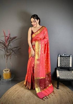 Peach Zari Woven Silk Saree Set