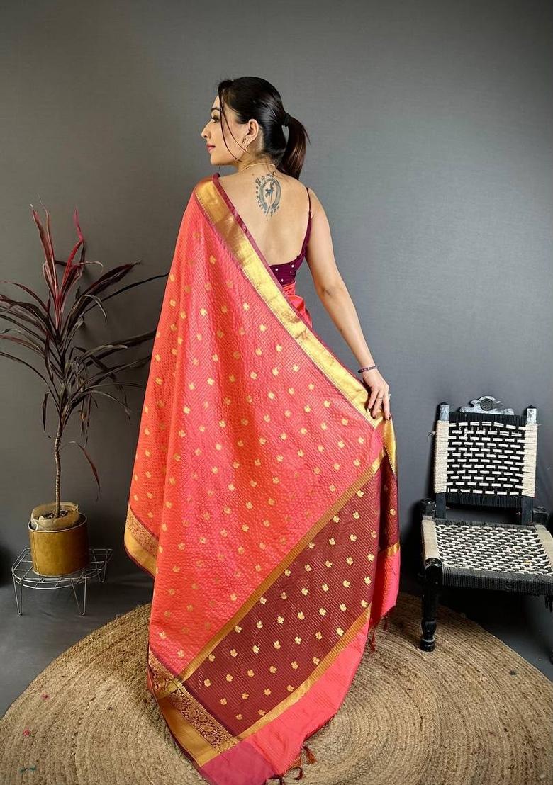 Peach Zari Woven Silk Saree Set - Indya