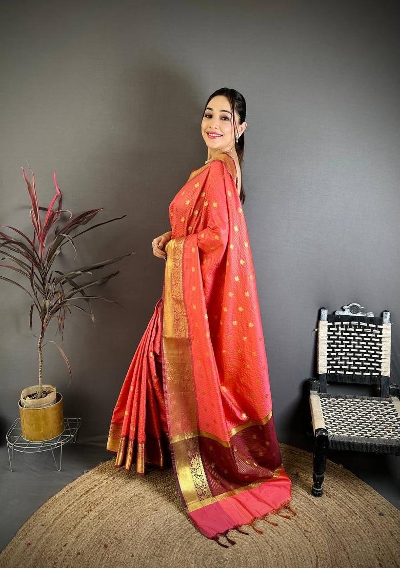 Peach Zari Woven Silk Saree Set - Indya